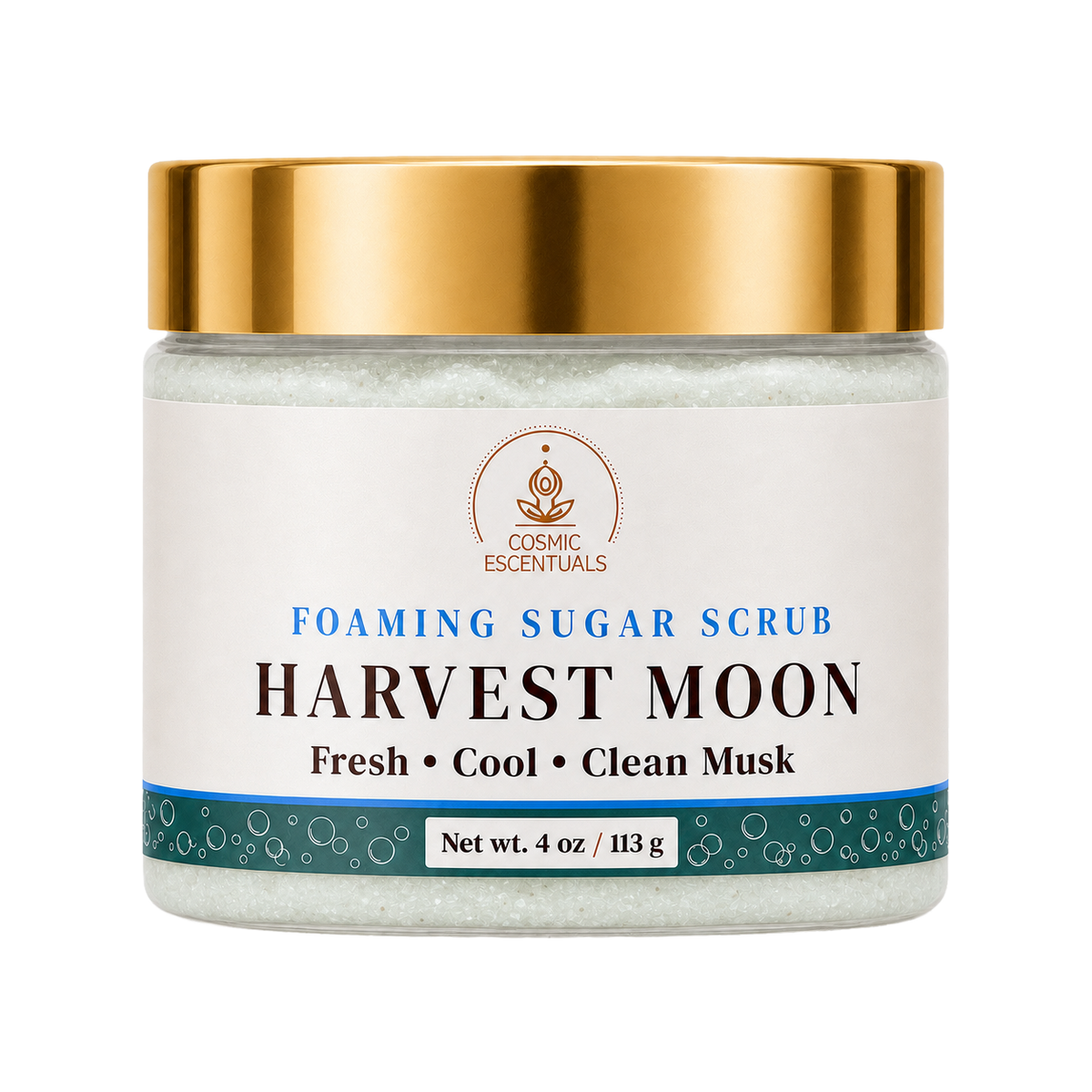 Cosmic Essentials Harvest Moon Foaming Sugar Scrub in a 4 oz glass jar with a white label, teal accents, and a shiny gold lid, shown on a plain white background.