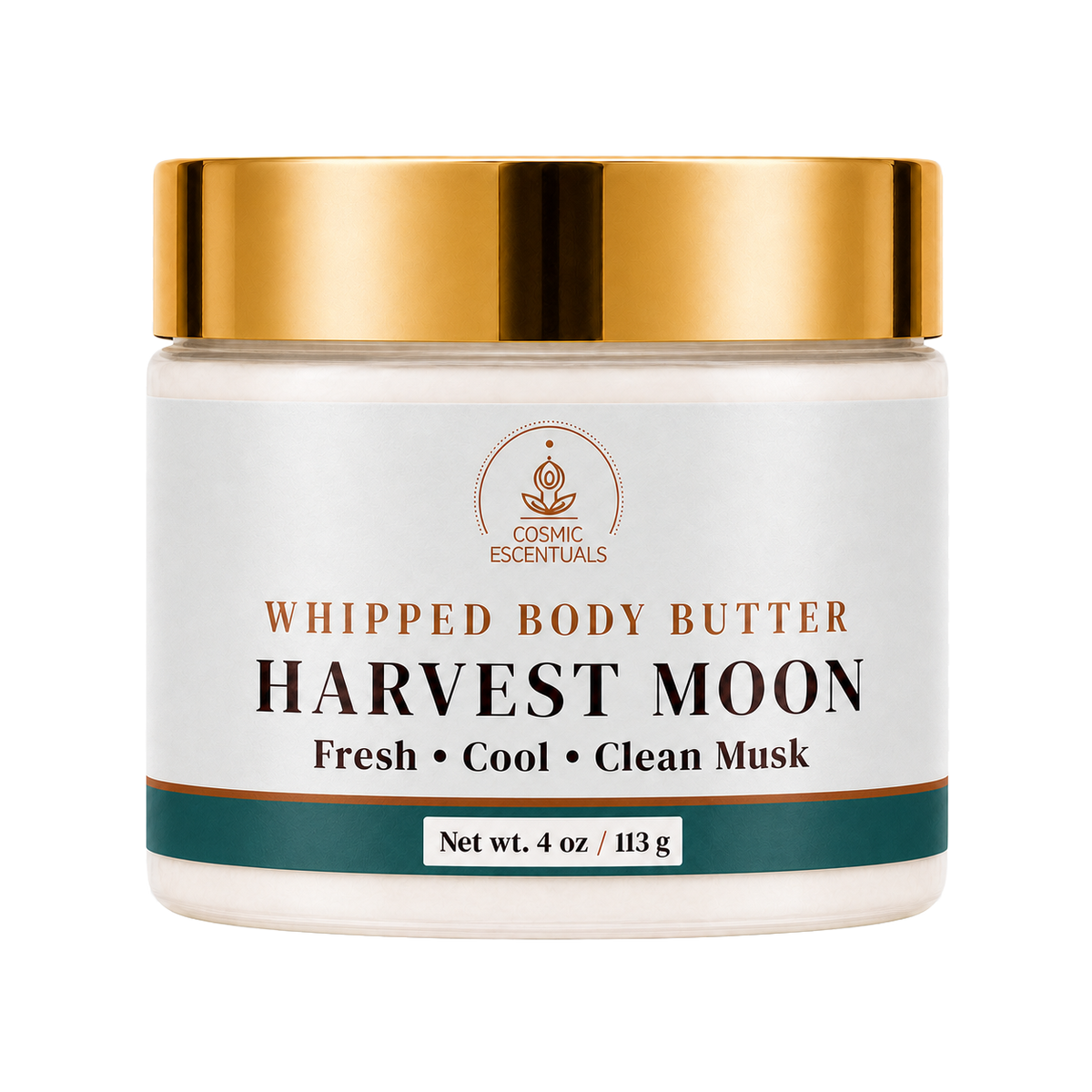 Cosmic Essentials Harvest Moon Whipped Body Butter in a 4 oz jar with a white label, gold lid, and teal band, shown on a plain white background.