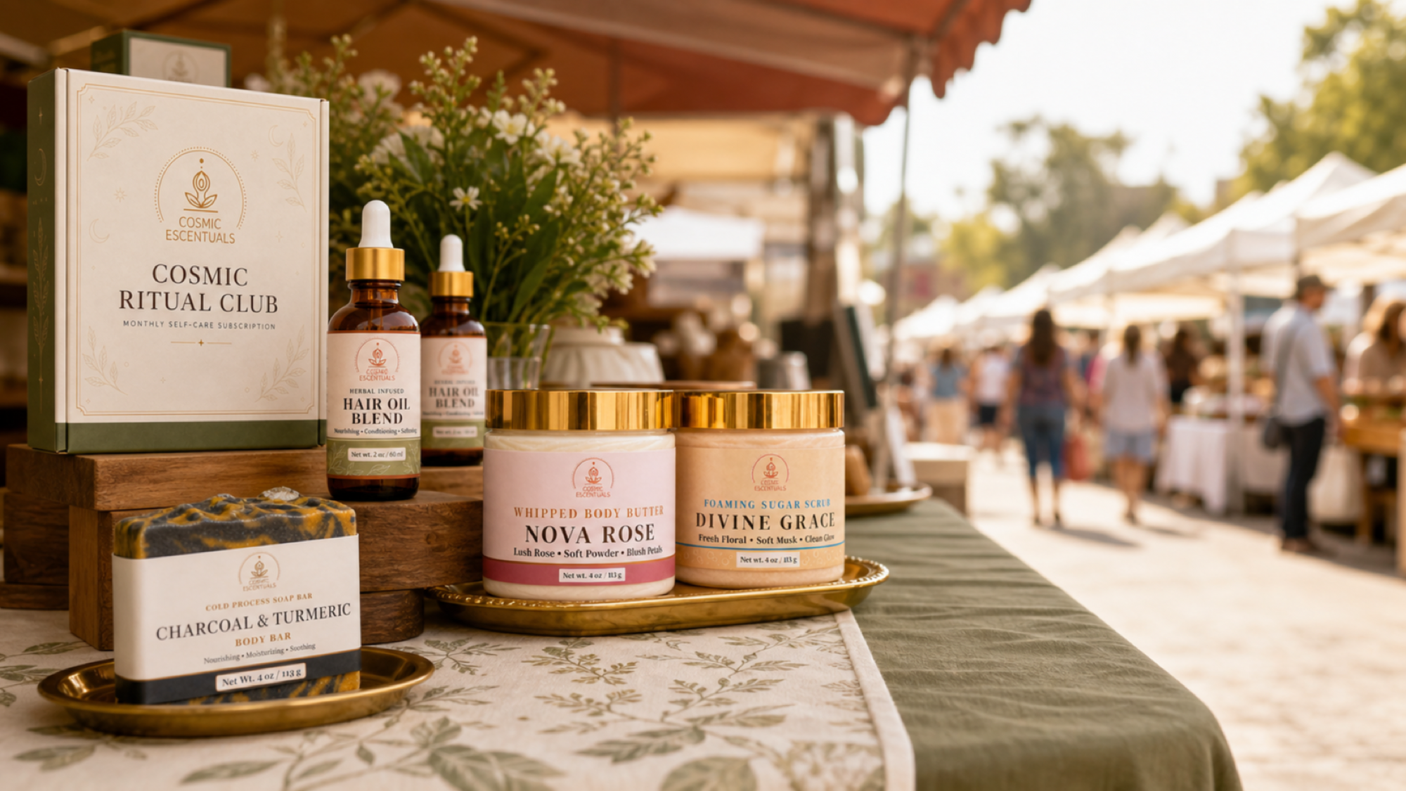 A styled outdoor market display featuring multiple skincare and ritual products from The Ritual Essentials, including 'Cosmic Ritual Club' cards, 'Whipped Rose Body Lotion' in pink and beige, 'Hair Oil Blend' in amber bottles, and 'Charcoal & Turmeric' soap, arranged on a table with a green tablecloth.