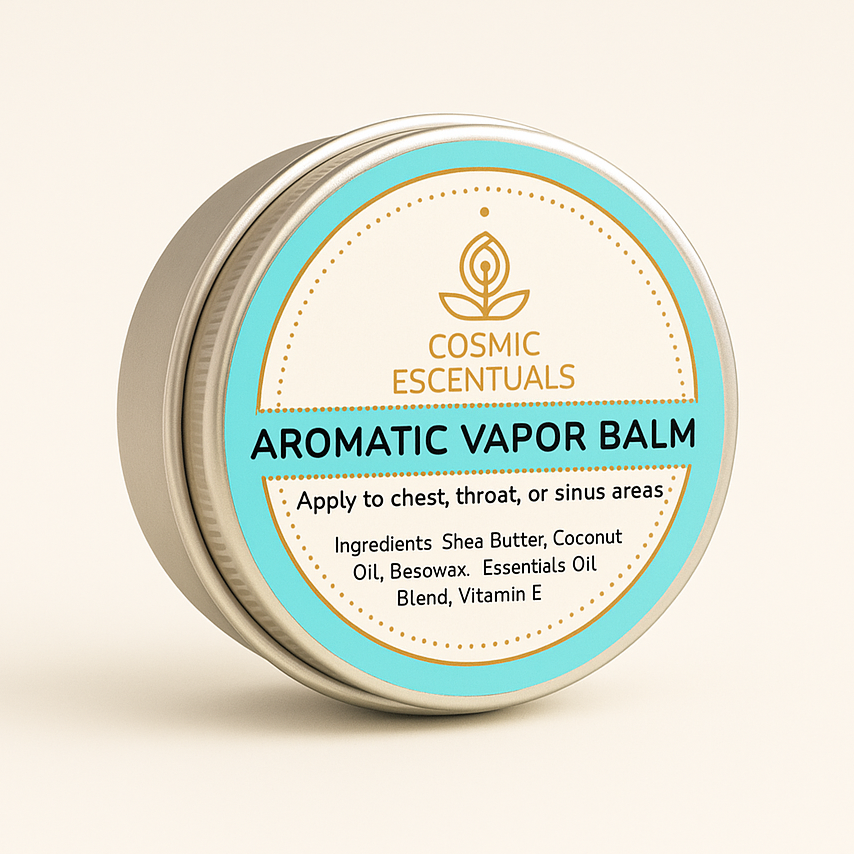 Aromatic vapor balm container with 'Cosmic Escentuals' branding on a beige background