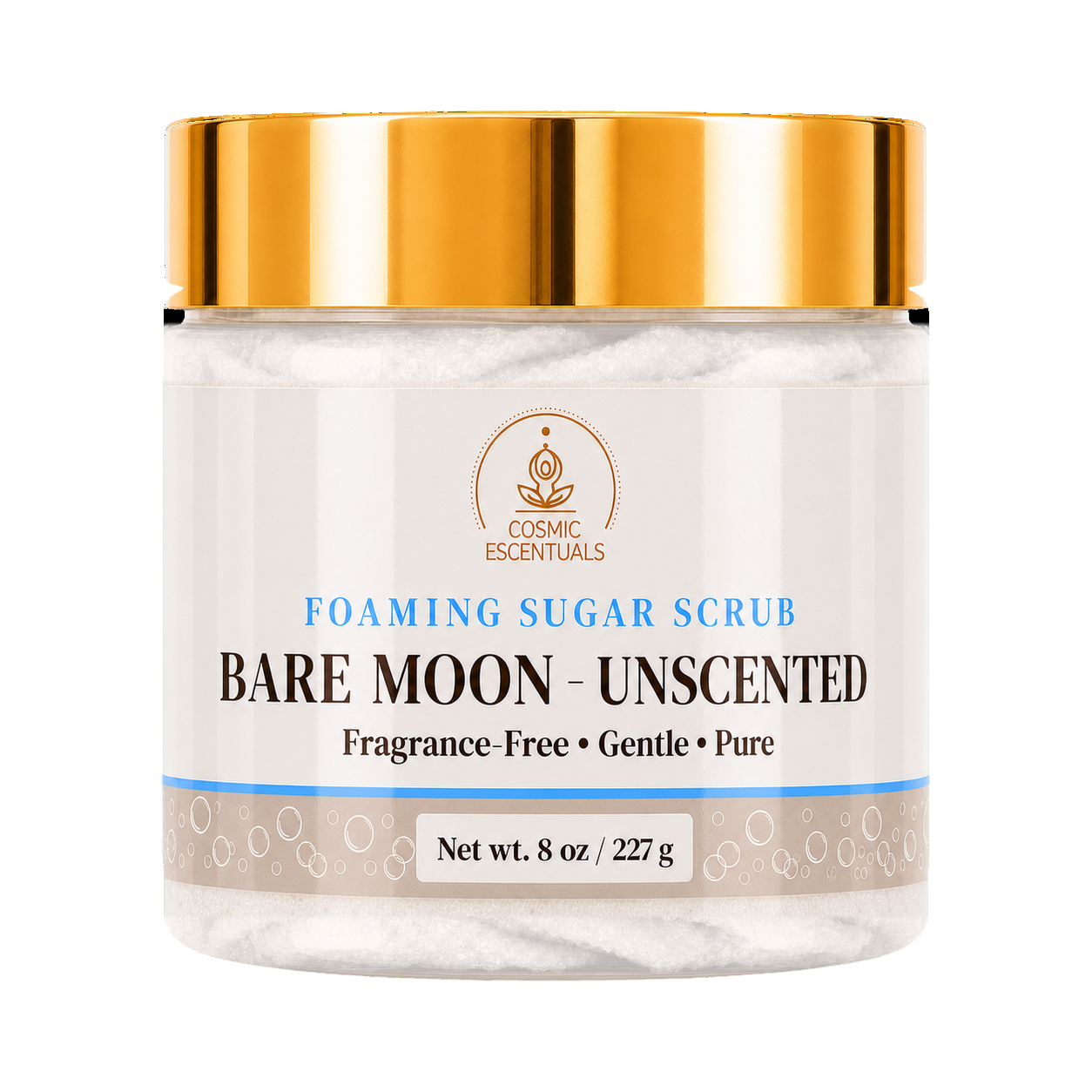 Cosmic Essentials Bare Moon Unscented Foaming Sugar Scrub in an 8 oz clear jar with a shiny gold lid and white label.