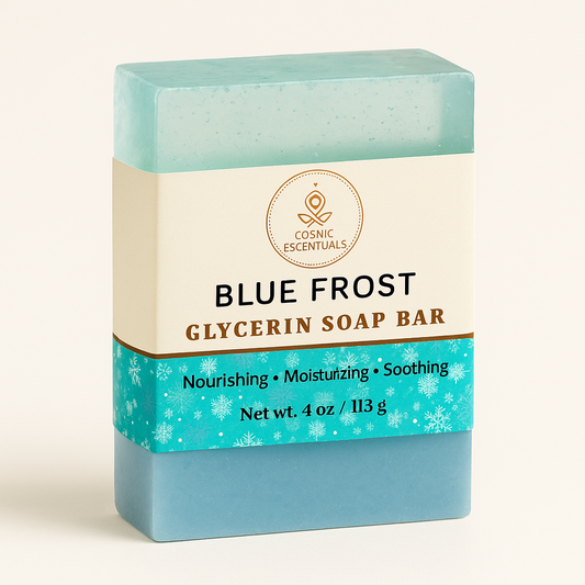 Blue Frost Glycerin Soap Bar with Cosmic Essentials branding on a beige background