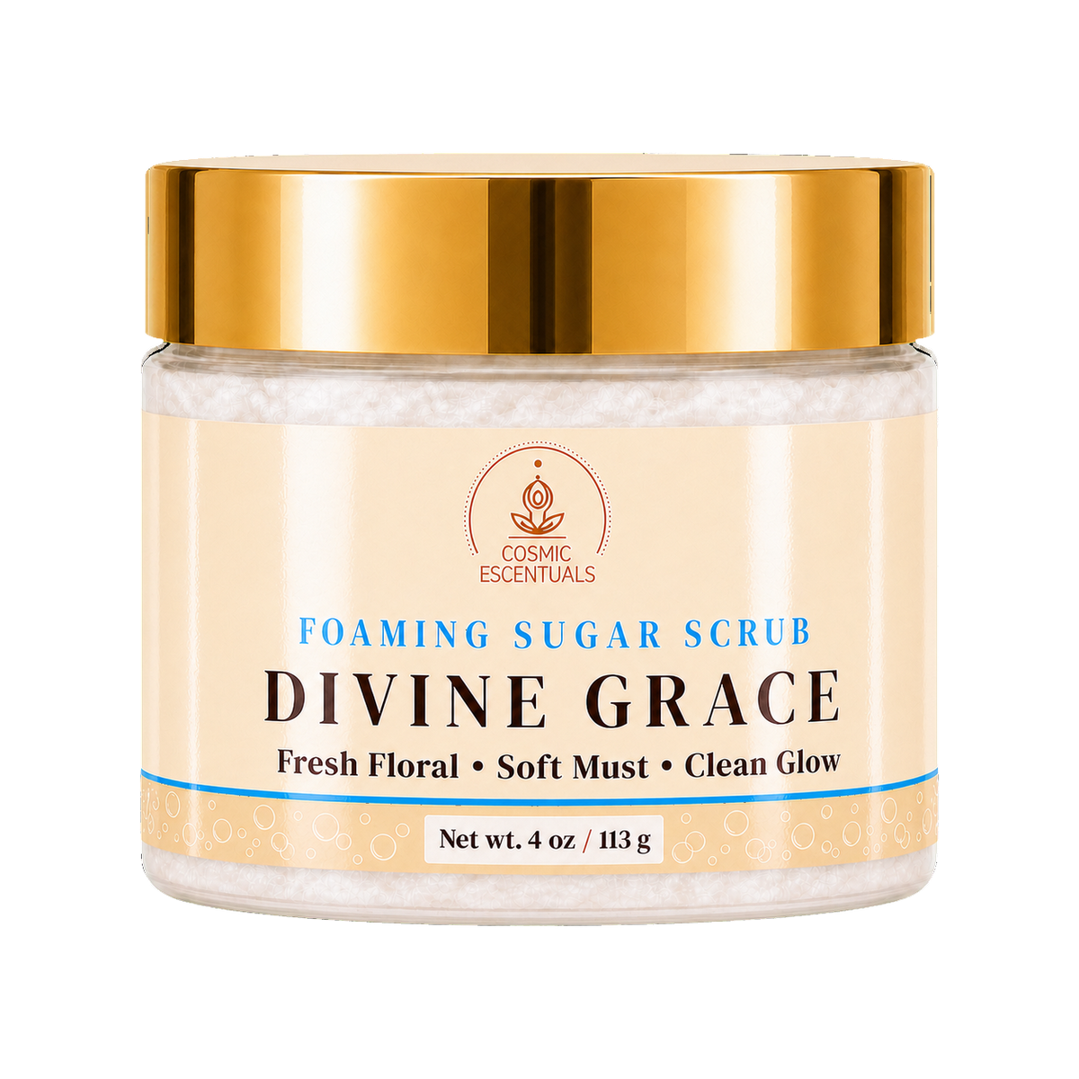 A jar of Divine Grace Foaming Sugar Scrub by Cosmic Essentials, featuring a shiny gold lid and a cream-colored label with blue and black text, set against a plain white background.