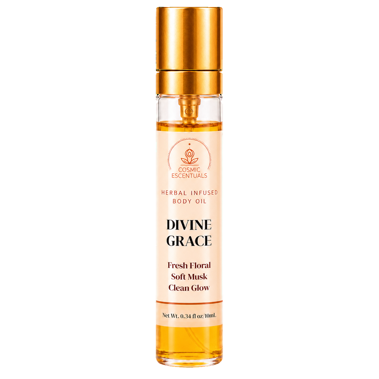 A 10ml glass bottle of Divine Grace Herbal Infused Body Oil by Cosmic Essentials, featuring a metallic gold cap and a peach-colored label with black text, set against a plain white background.