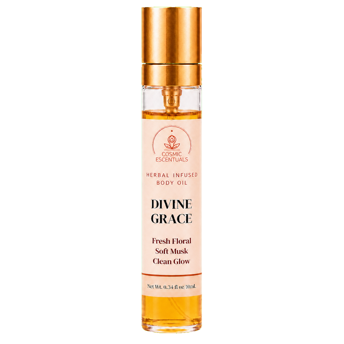 Divine Grace Herbal Body Oil Spray front view with semi-gloss label on transparent background