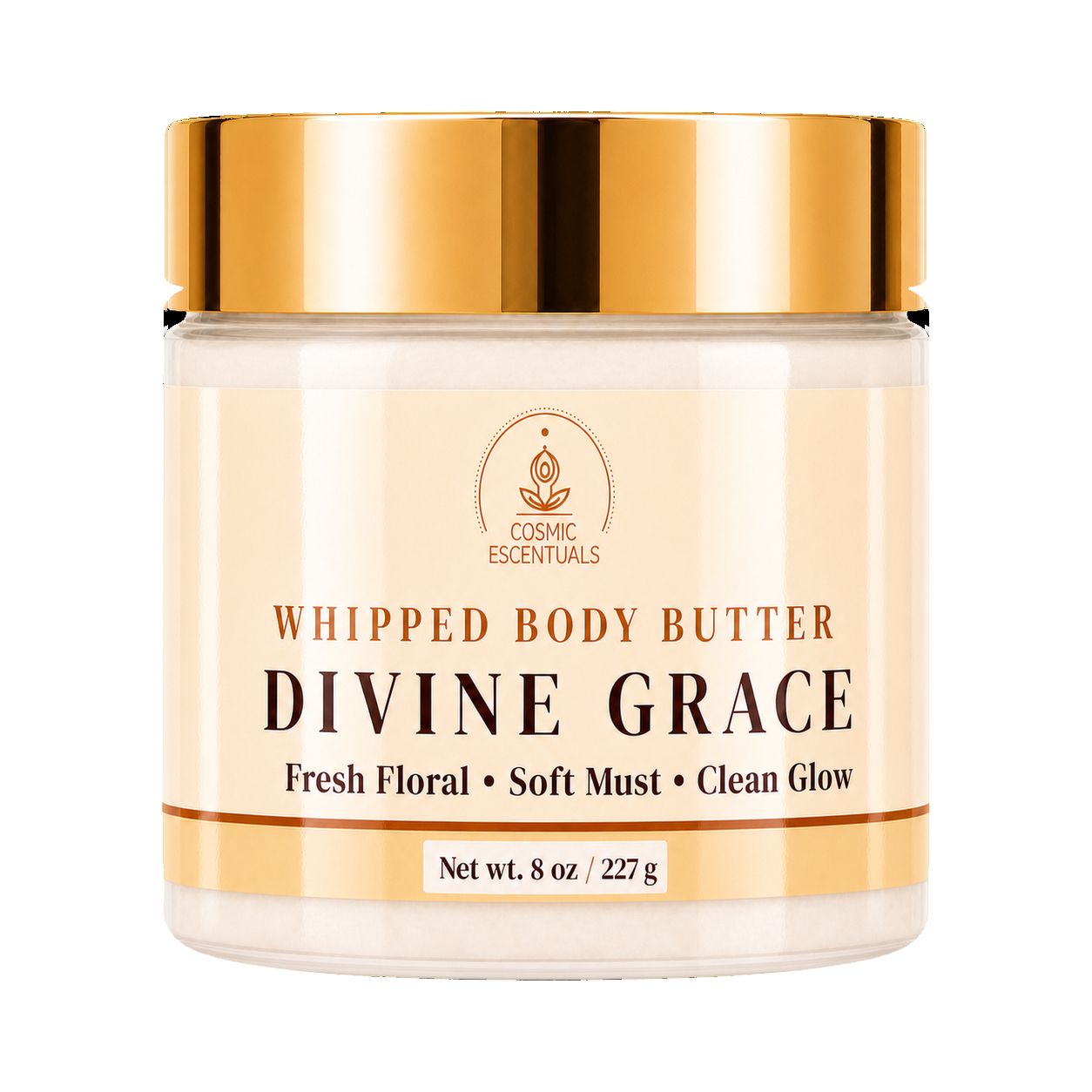 A jar of Divine Grace Whipped Body Butter by Cosmic Essentials, featuring a cream-colored body butter visible through the clear jar, a metallic gold lid, and a beige label with gold and black text.