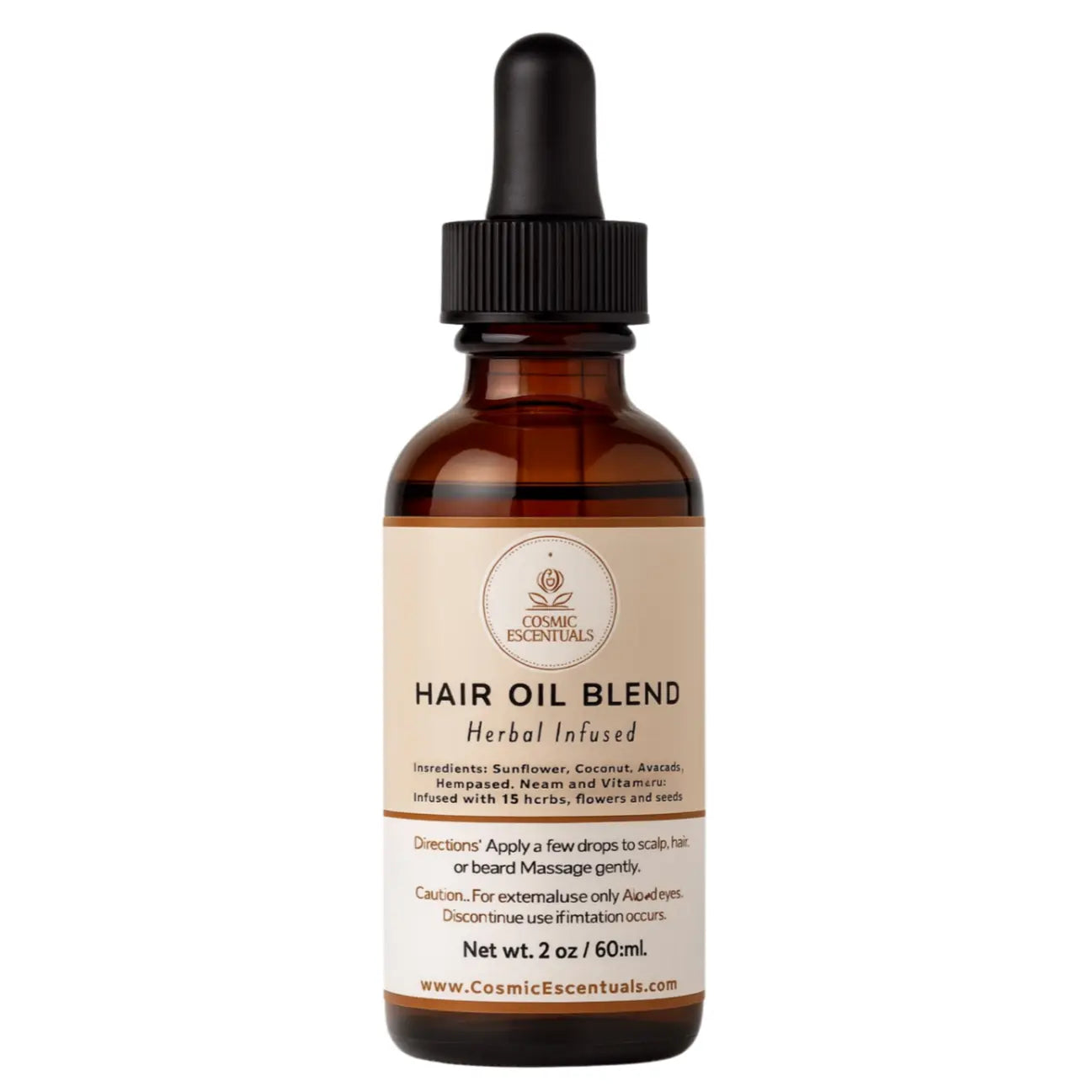 Hair oil blend bottle with dropper on a white background