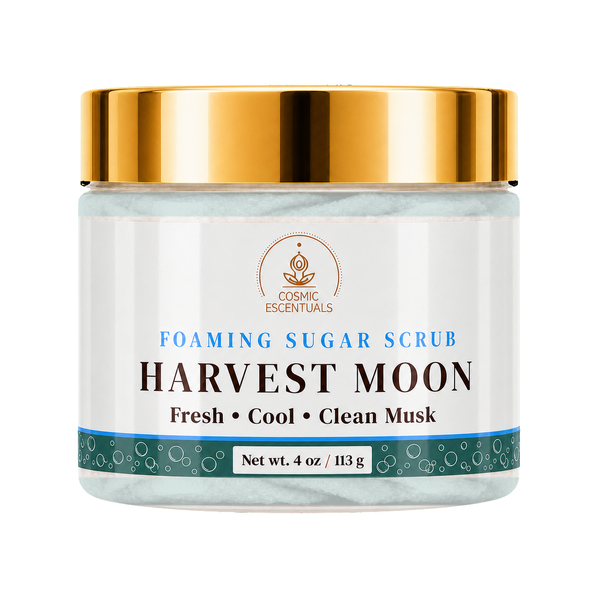 Cosmic Essentials Harvest Moon Foaming Sugar Scrub in a 4 oz jar with a shiny gold lid and a white label featuring blue and black text.