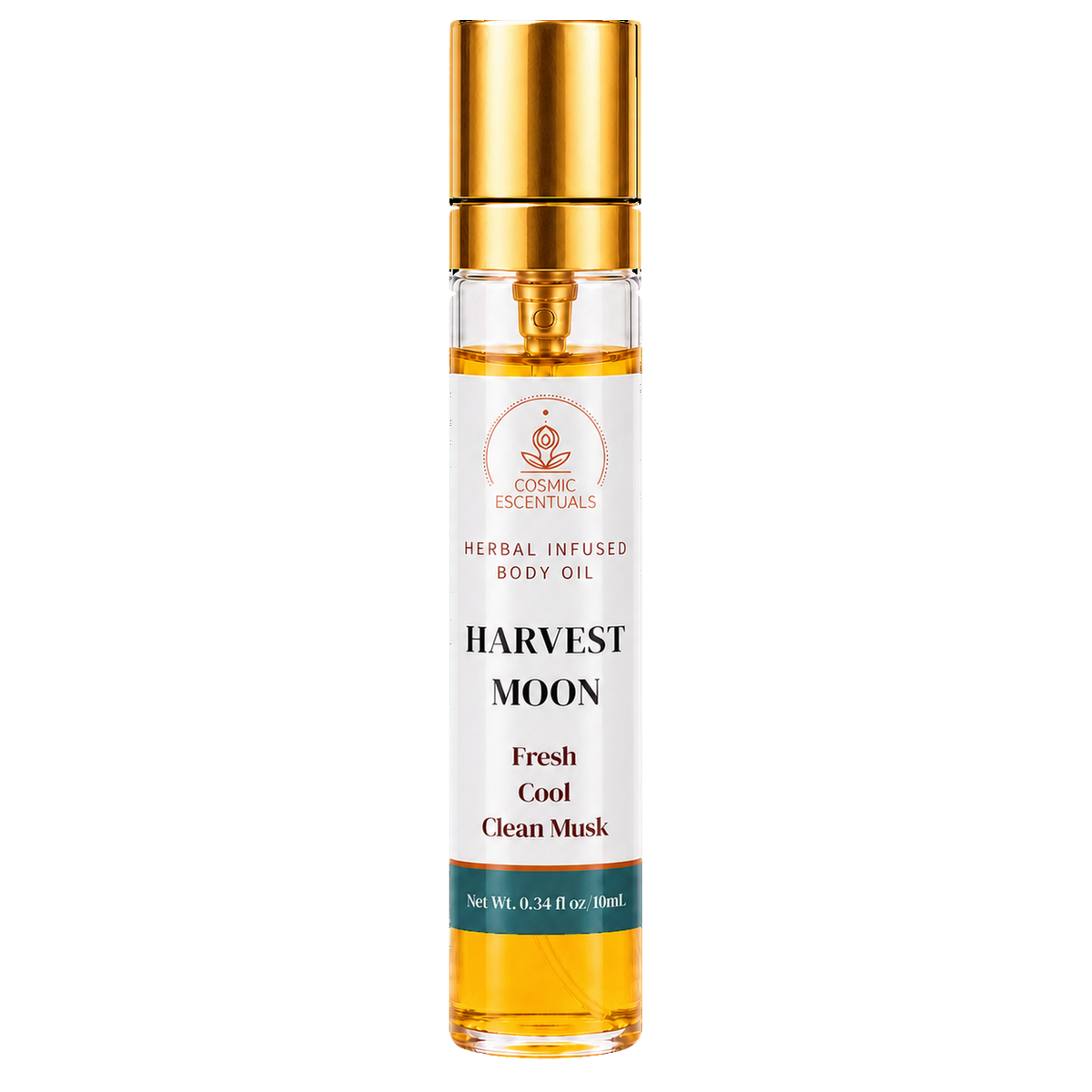 Cosmic Essentials Harvest Moon Herbal Infused Body Oil in a clear glass bottle with a gold cap, showing the golden oil inside, on a white background.