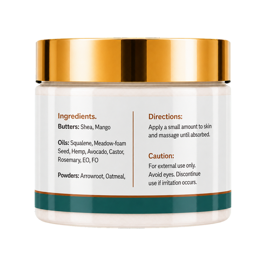 A white cosmetic jar with a shiny gold lid and a dark teal band near the bottom, showing product information on the front label including ingredients and directions.