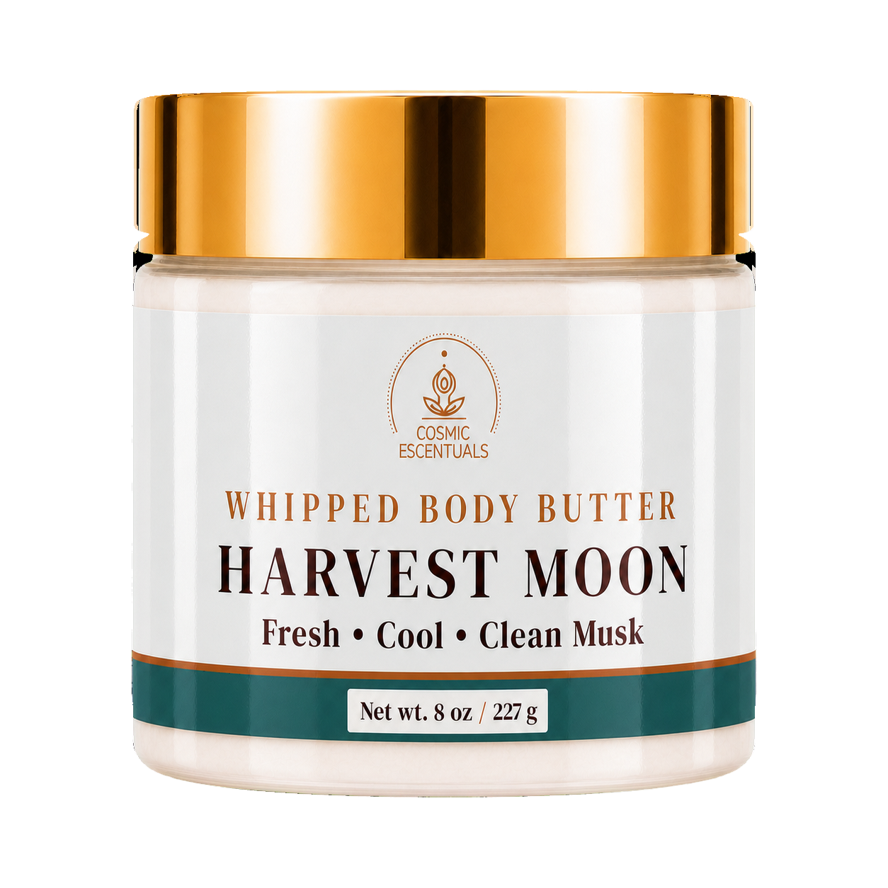 A jar of Cosmic Essentials Whipped Body Butter, Harvest Moon, with a metallic gold lid and a white label featuring brown and dark green text and accents.