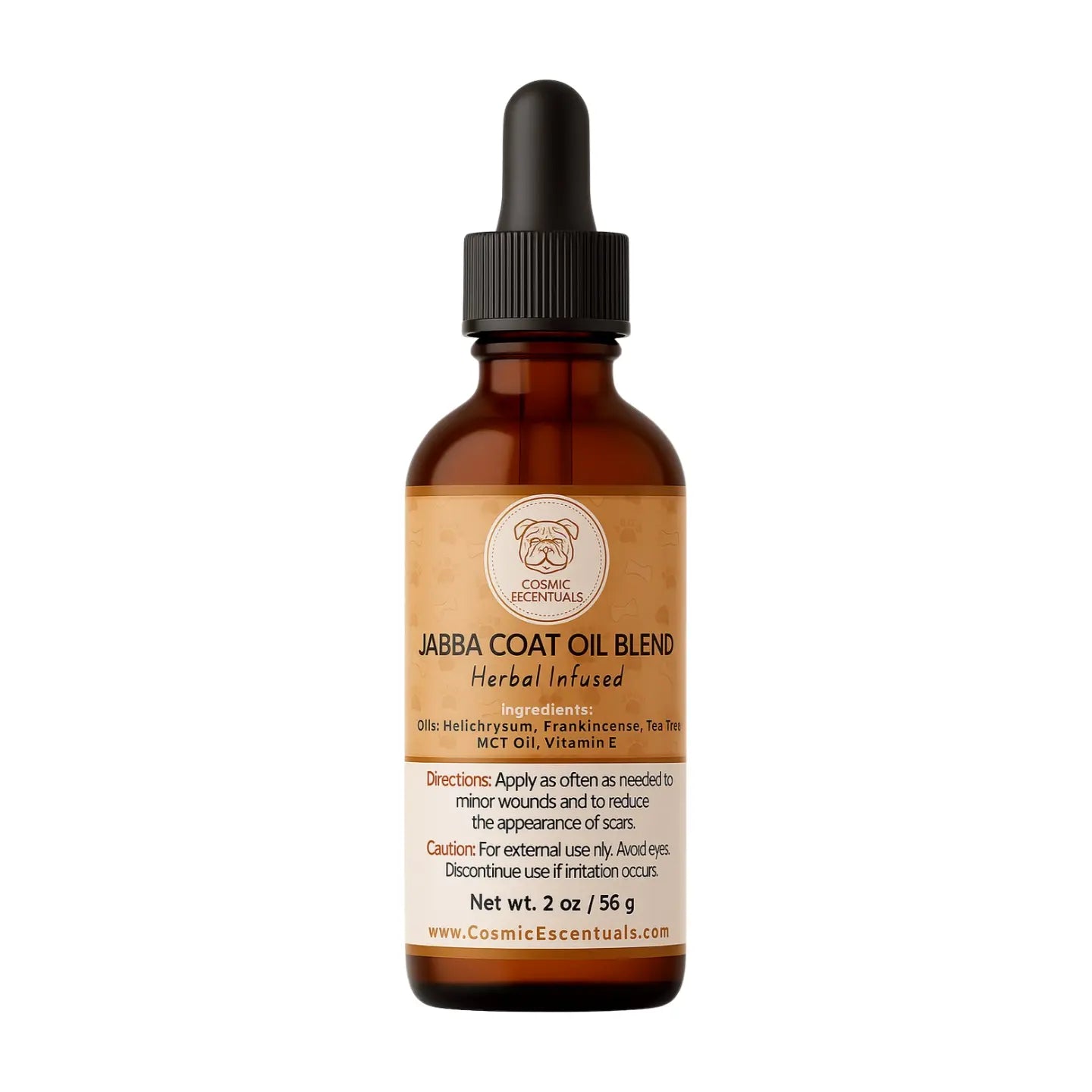 Brown bottle with dropper labeled 'Jabba Coat Oil Blend' on a white background