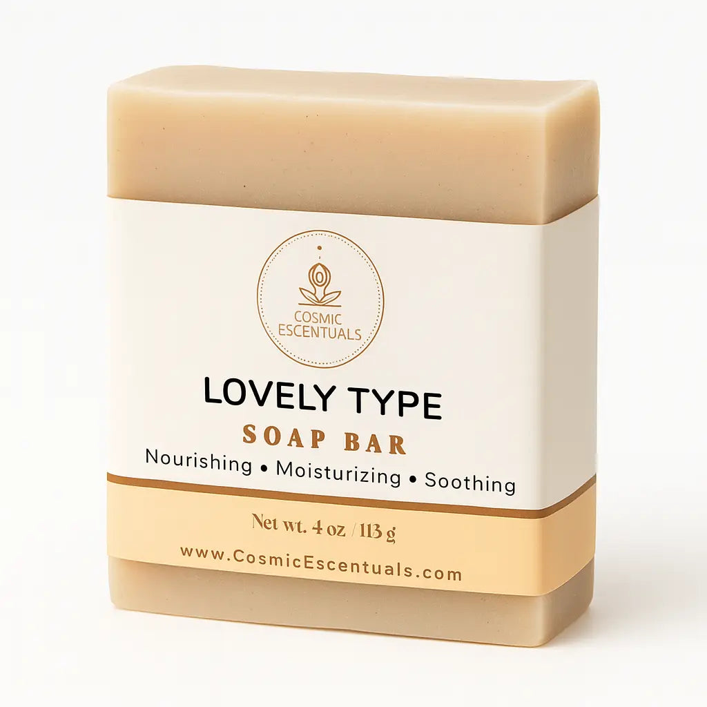 Lovely Type soap bar with Cosmic Escentuals branding on a white background