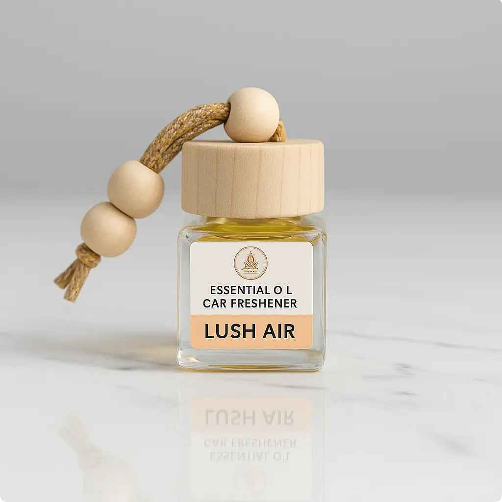 Lush Air essential oil car freshener with glass bottle, wooden beads, and labeled cap