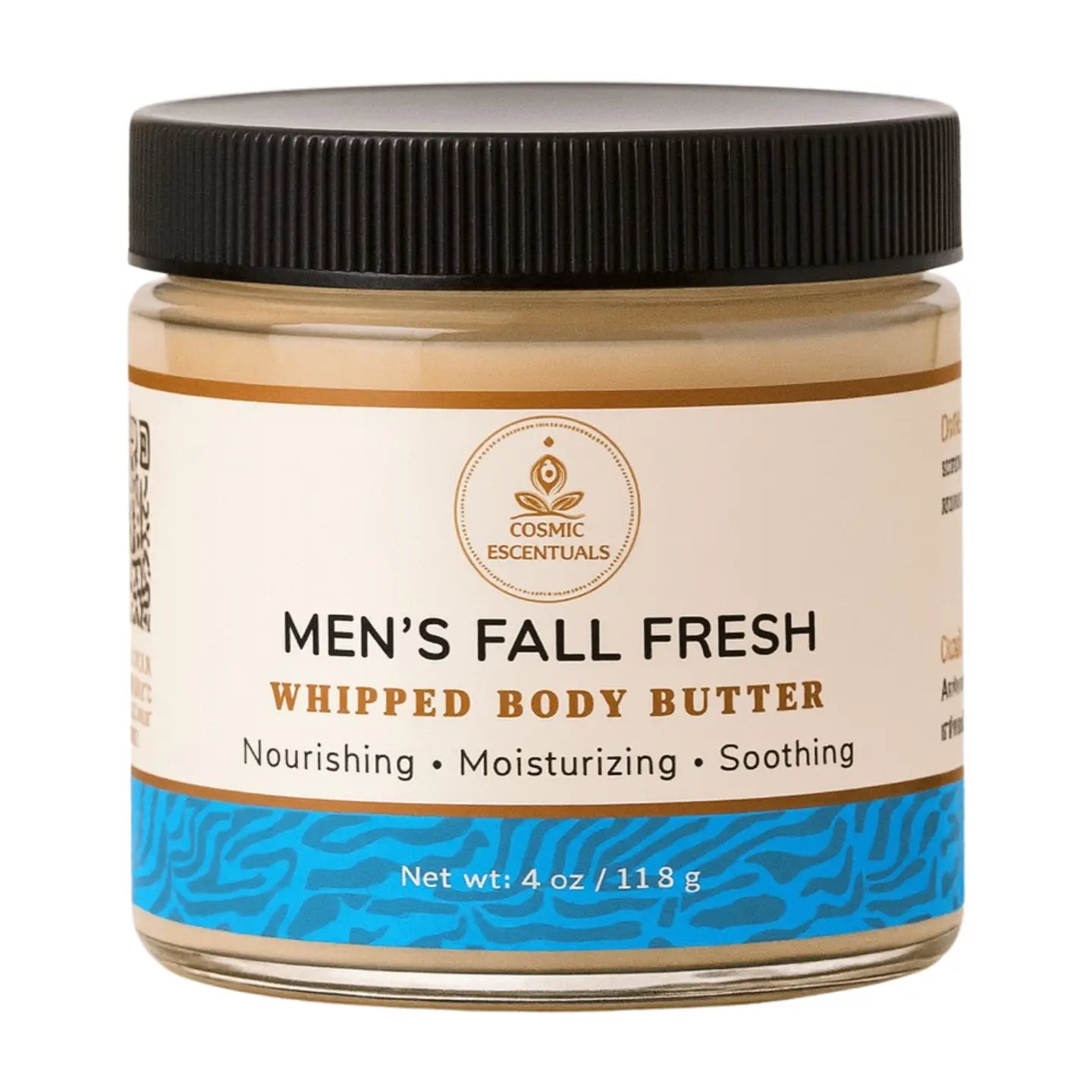 Jar of 'Men's Fall Fresh' whipped body butter with a black lid on a white background