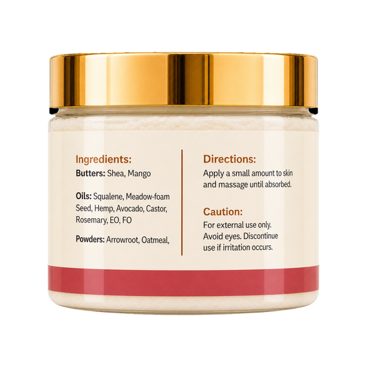 A jar of skincare cream with a shiny gold metallic lid, a cream-colored label with text, and a coral red stripe at the bottom, set against a plain white background.