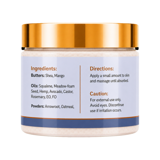 A jar of body butter with a metallic gold lid and a white label showing ingredients and directions, set against a plain white background.