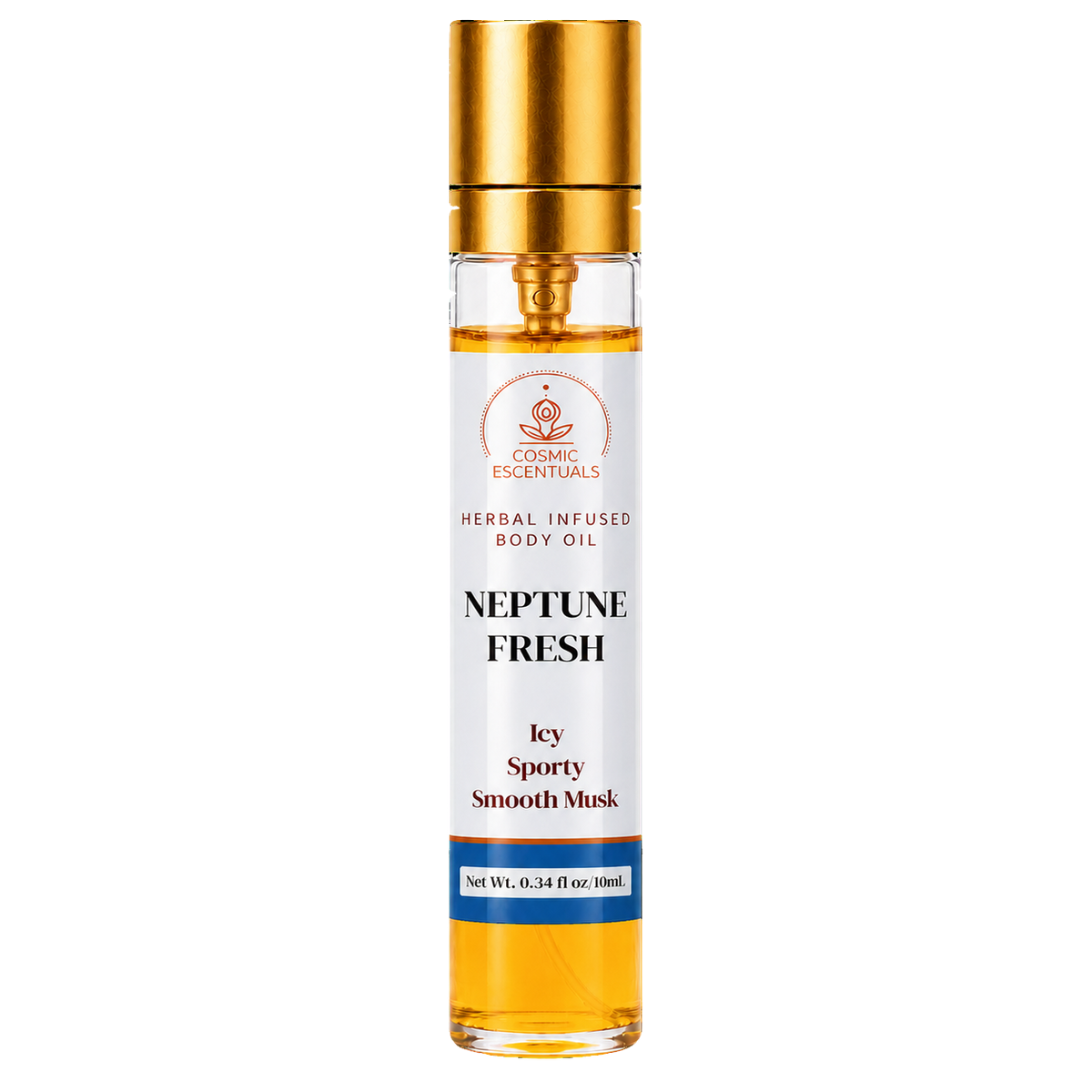 A clear cylindrical bottle of Cosmic Escentuals Neptune Frost Herbal Infused Body Oil with a metallic gold cap and a white label, shown on a plain white background.
