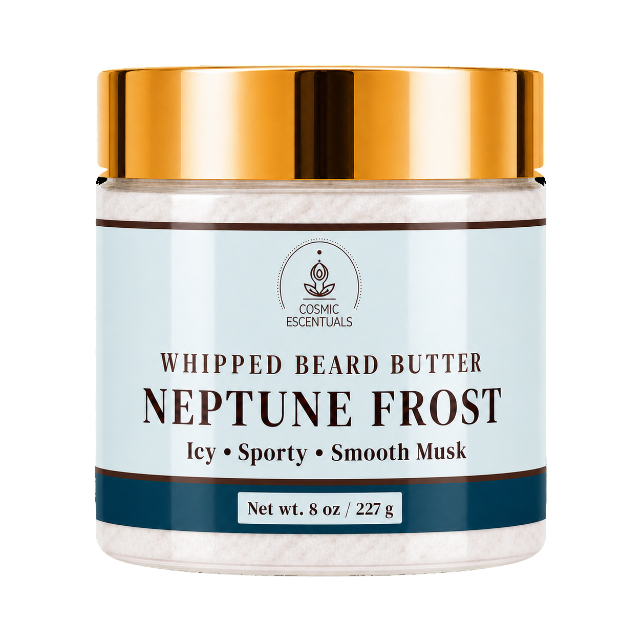 Cosmic Essentials Neptune Frost Whipped Beard Butter in an 8 oz jar with a metallic gold lid and a light blue label.