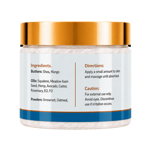A jar of Neptune Frost Whipped Body Butter with a metallic gold lid and a light blue label showing ingredients and directions, set against a plain white background.
