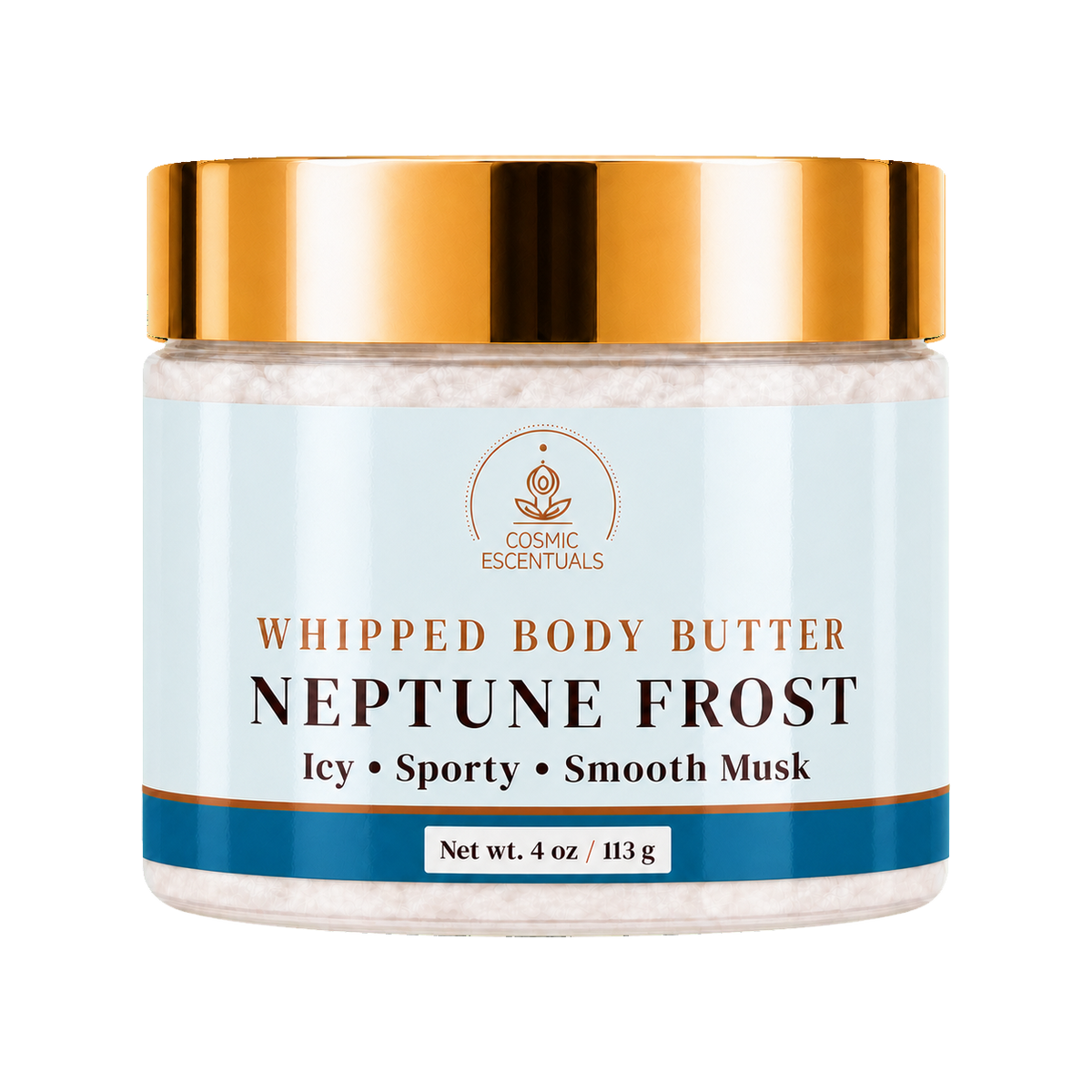 Cosmic Escentuals Whipped Body Butter, Neptune Frost, 4oz jar with a shiny gold lid and a light blue label, shown on a plain white background.