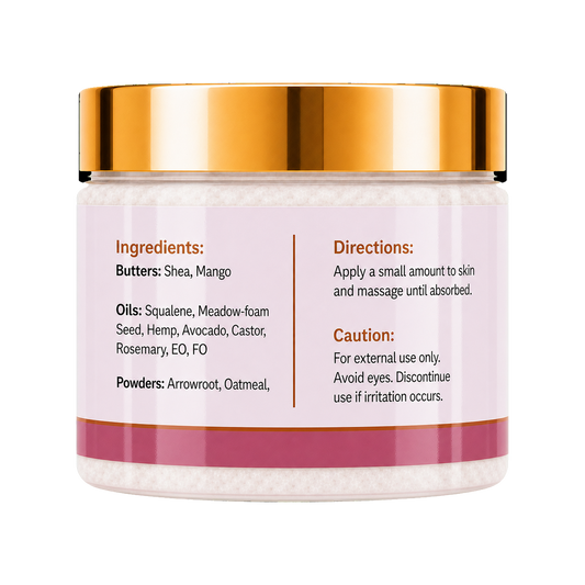Back of Nova Rose Whipped Body Butter 4oz jar showing ingredients and directions on a rose-pink label.