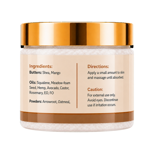 Back of Orion Woods Whipped Body Butter 4oz jar showing ingredients and directions.