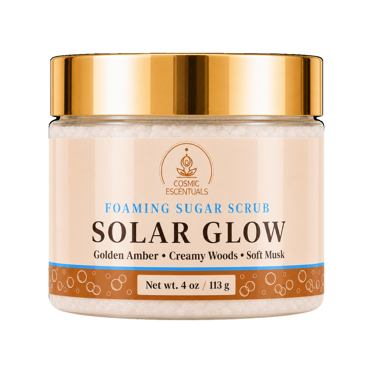 Cosmic Escentuals Solar Glow Foaming Sugar Scrub, 4oz jar with a shiny gold lid and a beige label, on a plain white background.