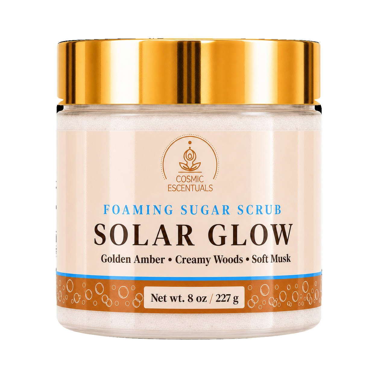 Cosmic Essentials Solar Glow Foaming Sugar Scrub in an 8 oz jar with a metallic gold lid and a cream-colored label.