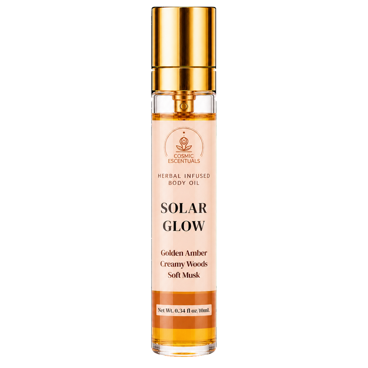 Cosmic Essentials Solar Glow Herbal Infused Body Oil in a clear glass bottle with a shiny gold cap, showing golden amber liquid inside, on a white background.