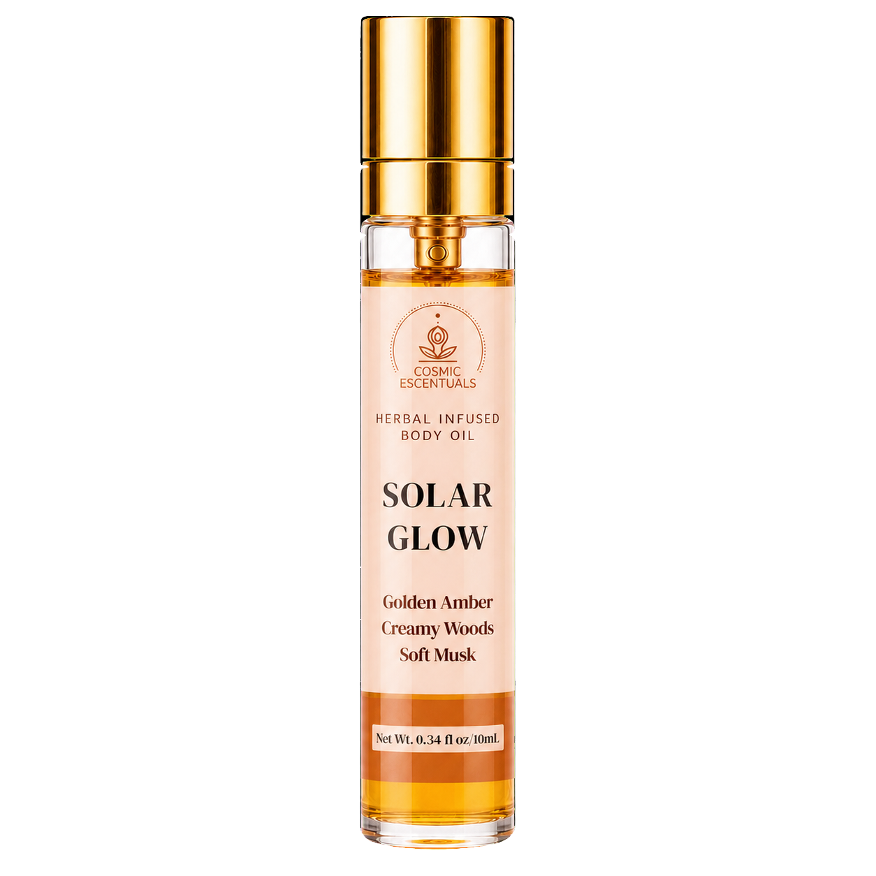 Cosmic Essentials Solar Glow Herbal Infused Body Oil in a clear glass bottle with a shiny gold cap, showing golden amber liquid inside, on a white background.