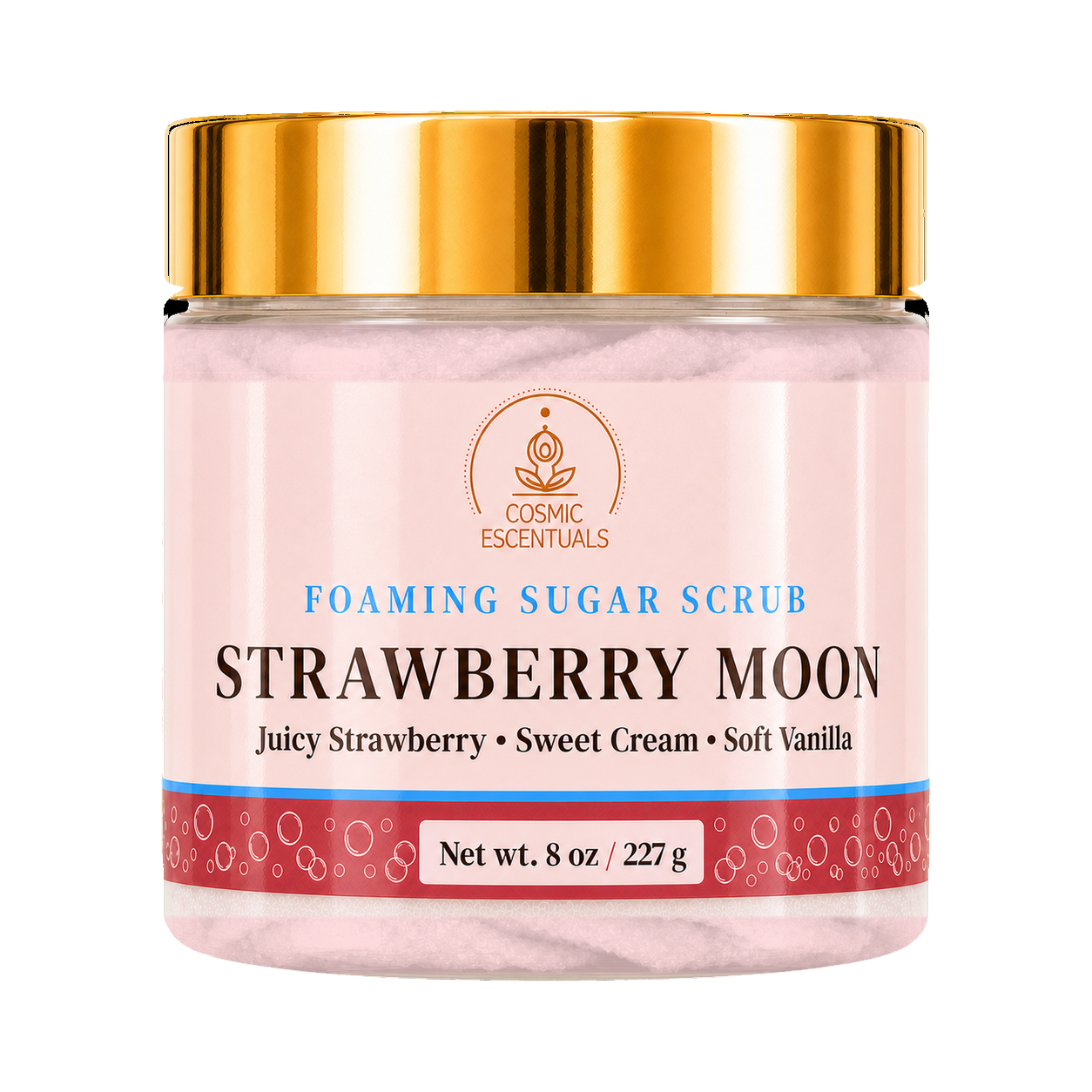 Cosmic Essentials Strawberry Moon Foaming Sugar Scrub in a 8 oz clear jar with a shiny gold lid and a pink label.