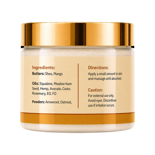 A cosmetic jar of body butters with a metallic gold lid and a beige label showing ingredients and directions, set against a plain white background.