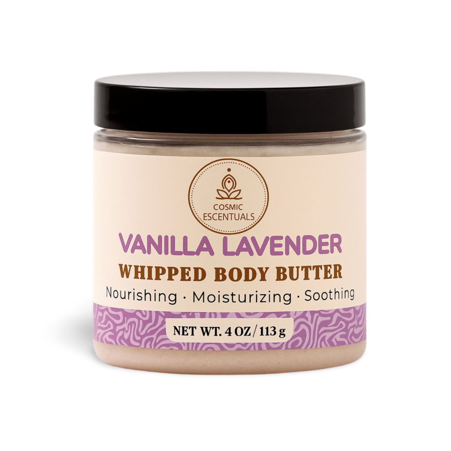 Jar of Vanilla Lavender whipped body butter with a black lid on a white background