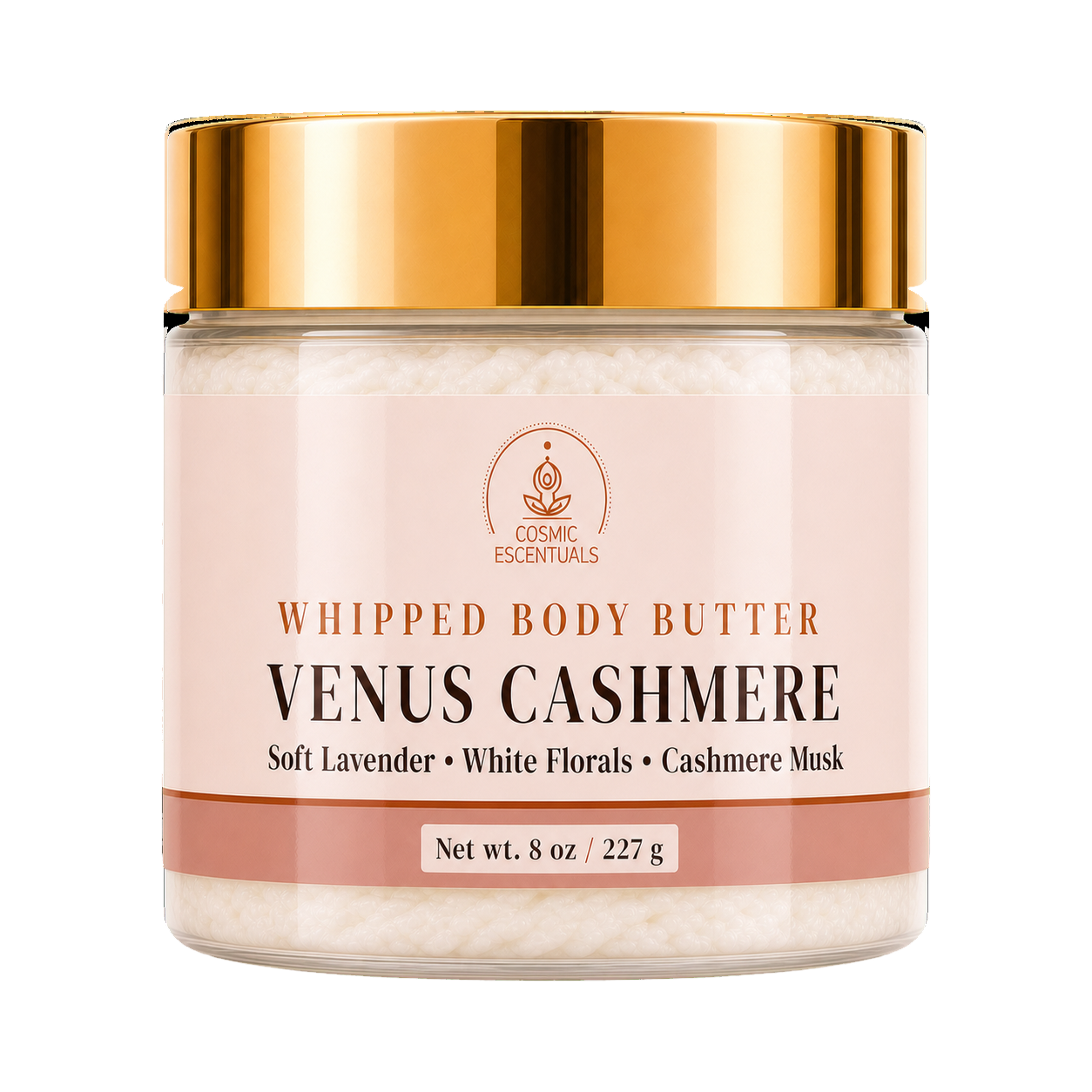 A jar of Venus Cashmere Whipped Body Butter by Cosmic Essentials, featuring a soft pink label and a metallic gold lid, set against a plain white background.