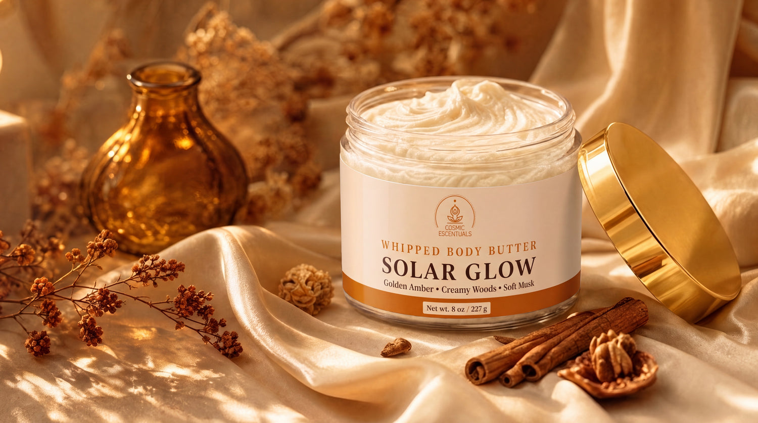 Open jar of Solar Glow Whipped Body Butter styled with cinnamon, walnuts, dried flowers, and an amber glass vase