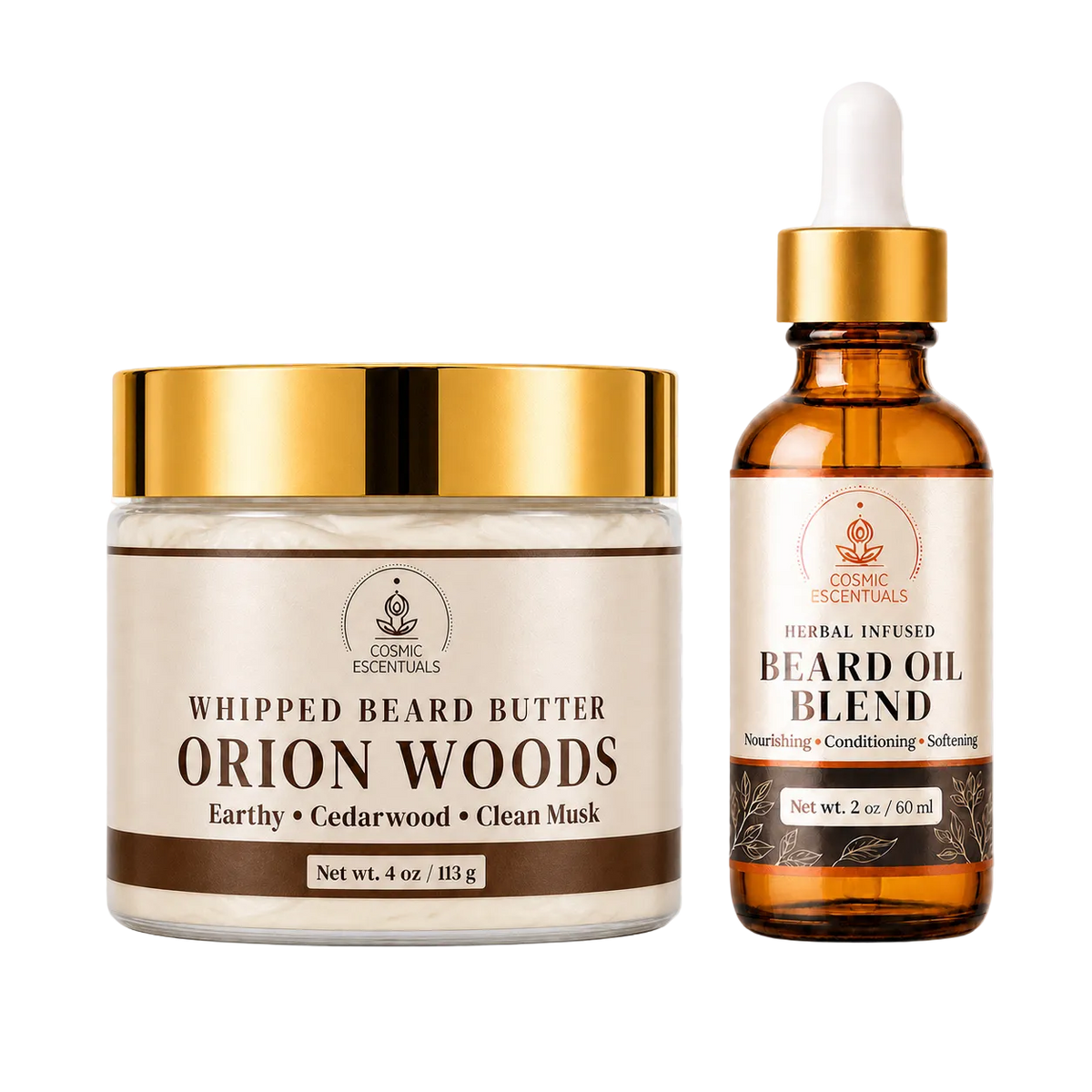 Cosmic Escentuals Whipped Beard Butter in Orion Woods and a bottle of Herbal Infused Beard Oil Blend, both with gold caps, shown on a transparent checkered background.