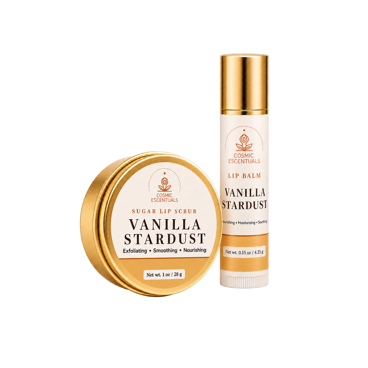 Cosmic Escentuals Vanilla Stardust lip scrub in a round gold tin and vanilla stardust lip balm in a gold tube, both with cream labels, shown on a white background.