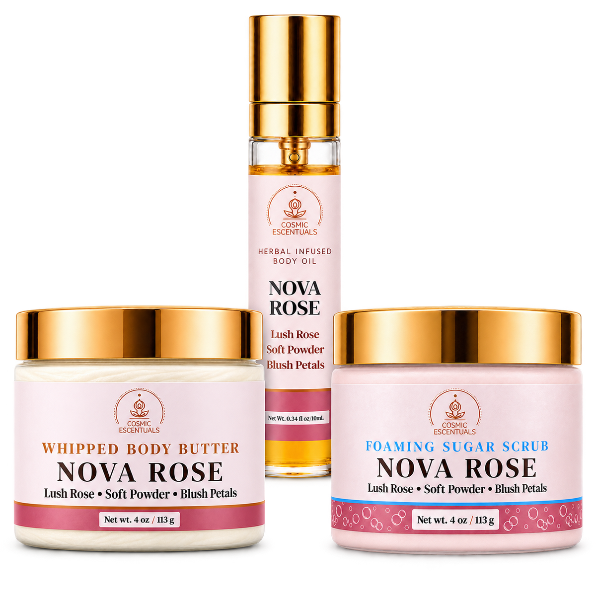 Nova Rose Bundle: Body Butter, Scrub & Oil Set, the full set shown together on a plain background.