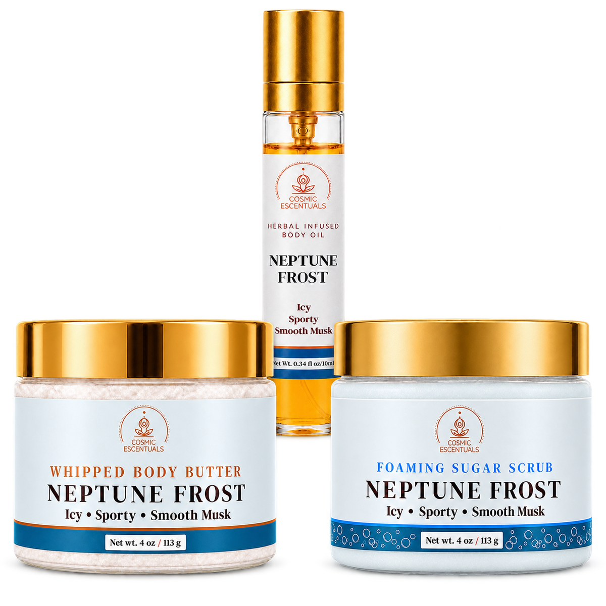 Cosmic Escentuals skincare products from the Neptune Frost line: a whipped body butter jar, a foaming sugar scrub jar, and a body oil spray bottle, arranged on a plain white background.