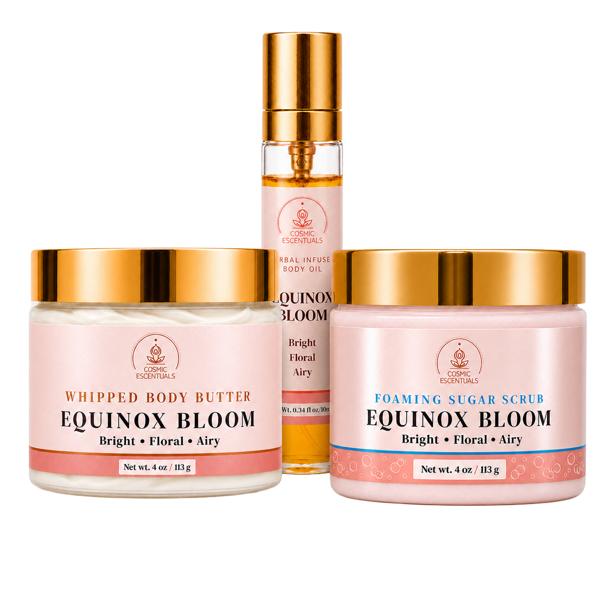 Equinox Bloom Bundle: Body Butter, Scrub & Oil Set, the full set shown together on a plain background.
