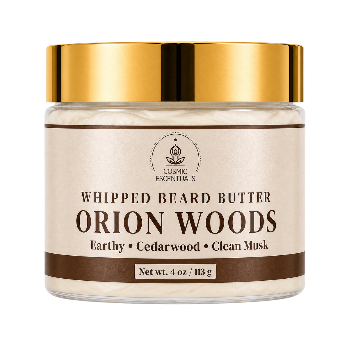 Cosmic Escentuals Whipped Beard Butter in the Orion Woods scent, in a 4 oz glass jar with a shiny gold lid and a beige label with brown text.