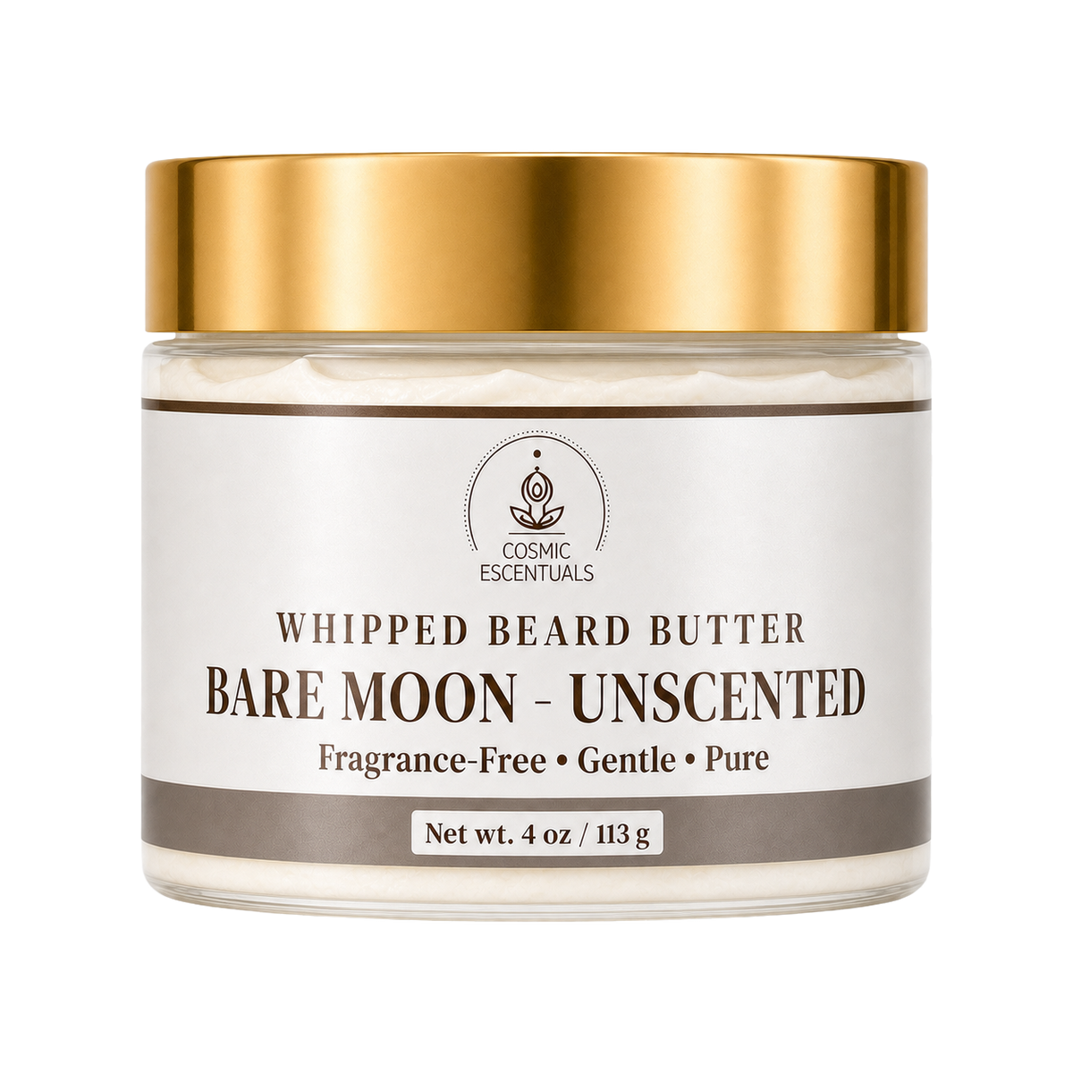 A jar of Cosmic Essentials Whipped Beard Butter in the Bare Moon - Unscented variant, featuring a white label with brown text and a shiny gold lid, set against a plain white background.