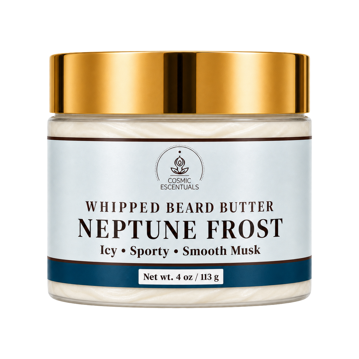 A jar of Cosmic Escentuals Neptune Frost Whipped Beard Butter, featuring a shiny gold lid, a white label with navy blue accents, and cream-colored whipped product visible inside, set against a plain white background.