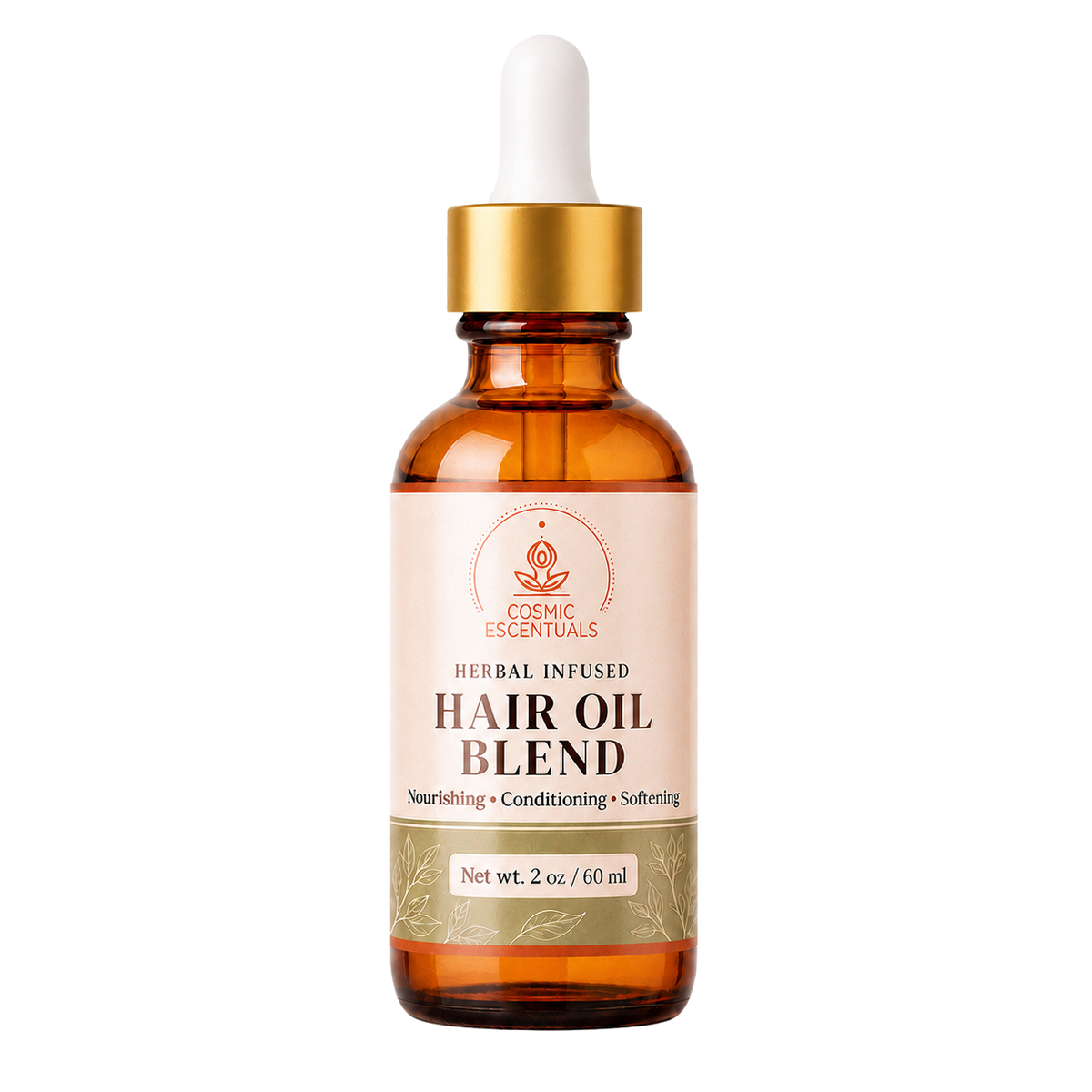 A 2 oz amber glass dropper bottle of Cosmic Escentuals Herbal Infused Hair Oil Blend, featuring a gold collar and a cream label with green accents, set against a plain white background.