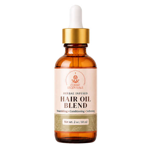 A 2 oz amber glass dropper bottle of Cosmic Essentials Herbal Infused Hair Oil Blend, featuring a gold collar and a cream label with green accents, set against a plain white background.