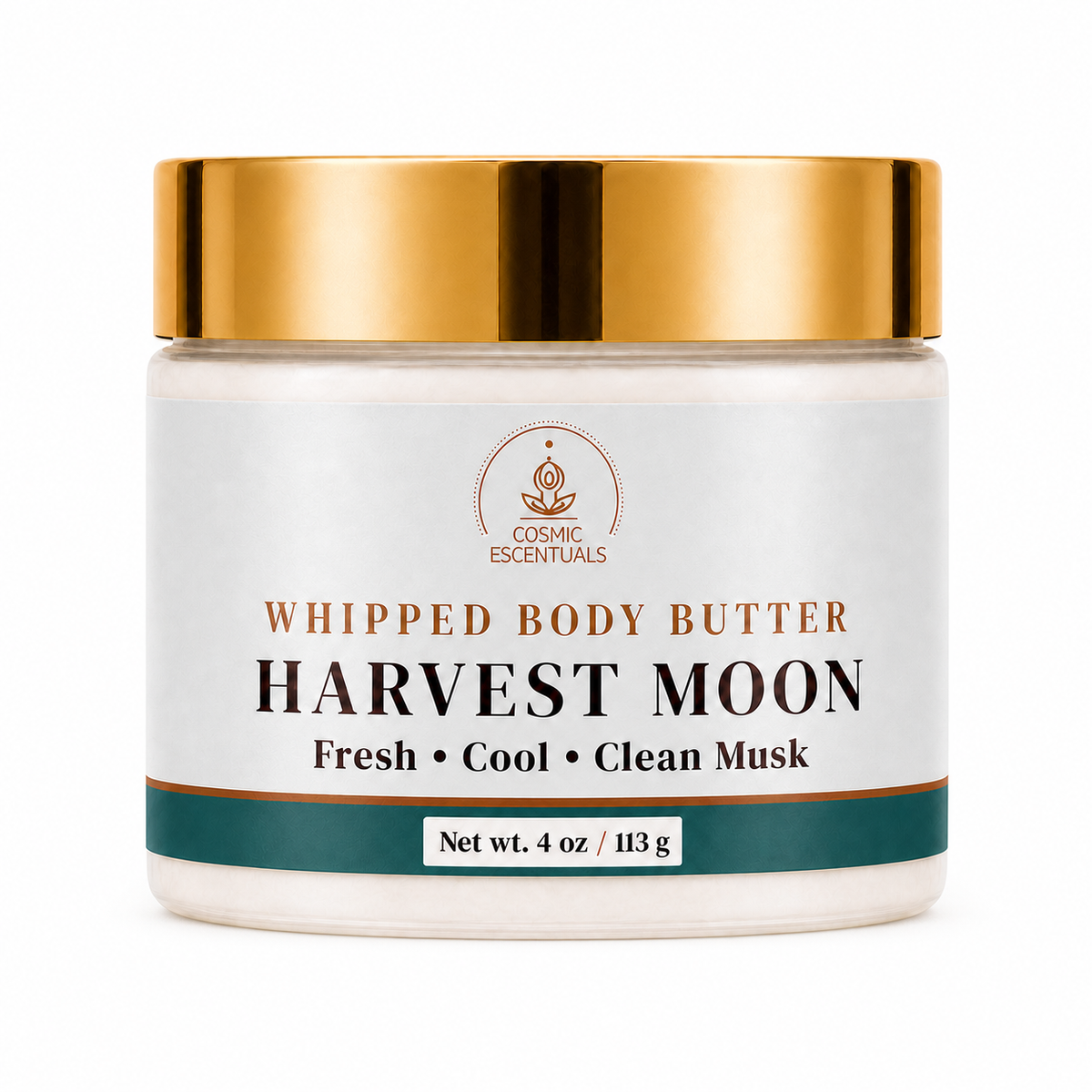 A jar of Cosmic Essentials Whipped Body Butter, Harvest Moon, with a metallic gold lid and a white label featuring a teal accent band, set against a plain white background.