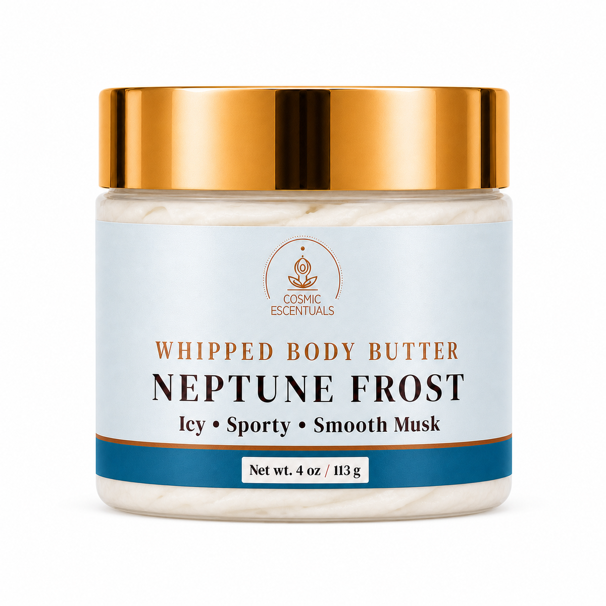 Cosmic Escentuals Neptune Frost Whipped Body Butter in a clear jar with a metallic gold lid and a white label with blue accents, on a white background.