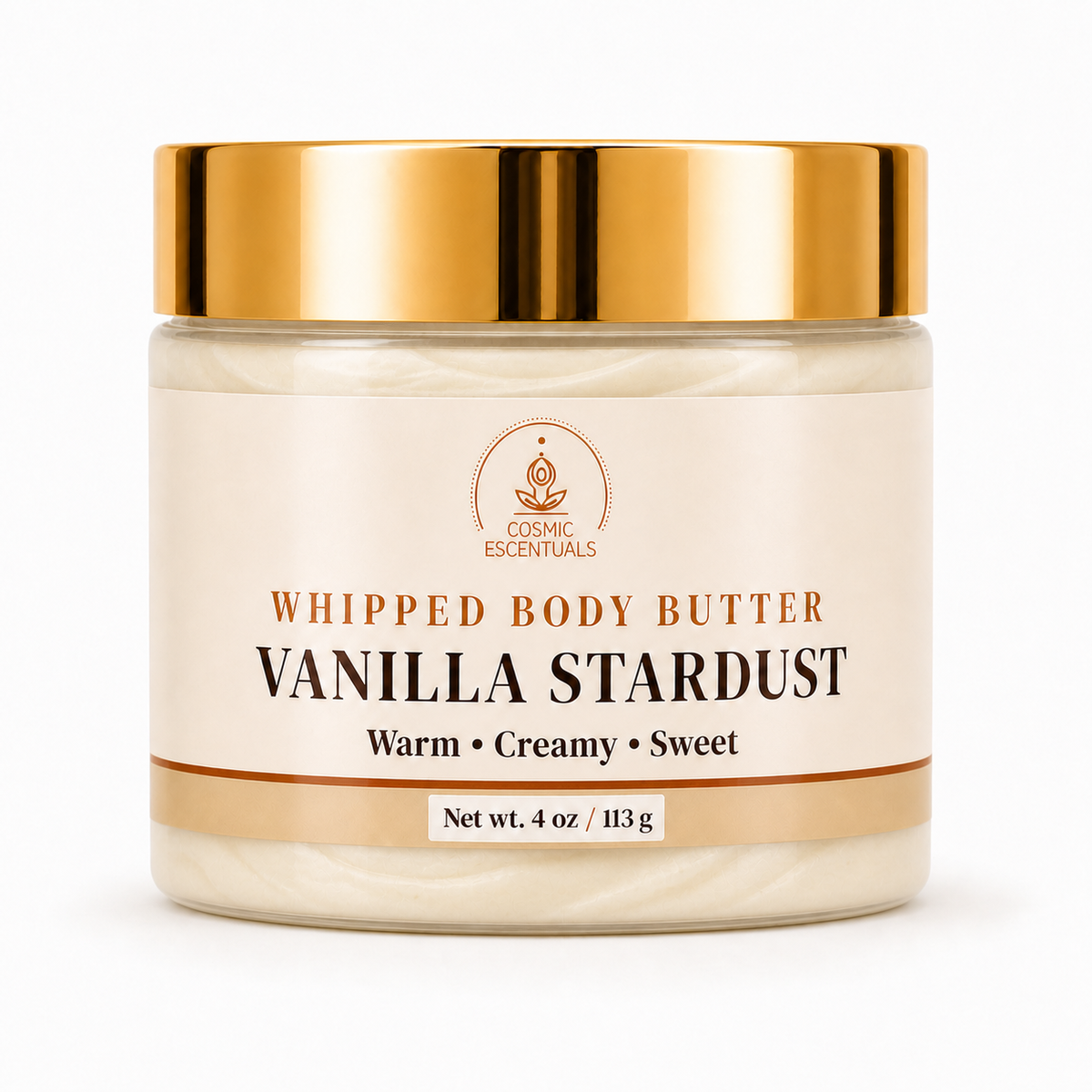 A jar of Cosmic Escentuals Whipped Body Butter in Vanilla Stardust scent, featuring a cream-colored body butter visible through the clear jar, a beige label, and a shiny gold lid, set against a plain white background.