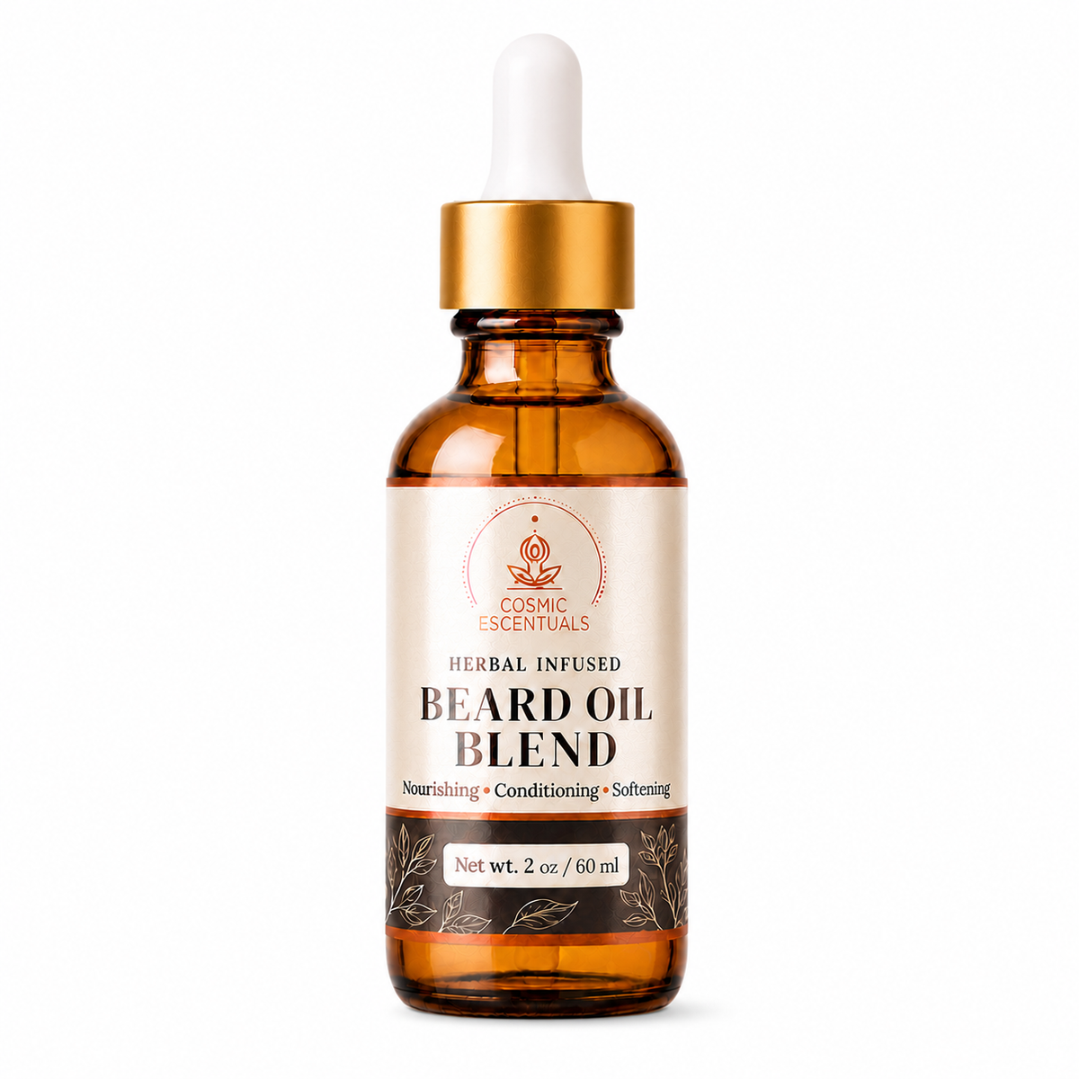 A 2 oz amber glass dropper bottle of Cosmic Escentuals Herbal Infused Beard Oil Blend, featuring a gold collar and a cream label with black text, set against a plain white background.